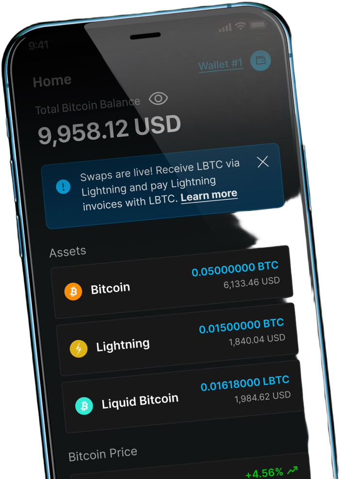 The Blockstream app showing a Bitcoin, Lightning and Liquid balance