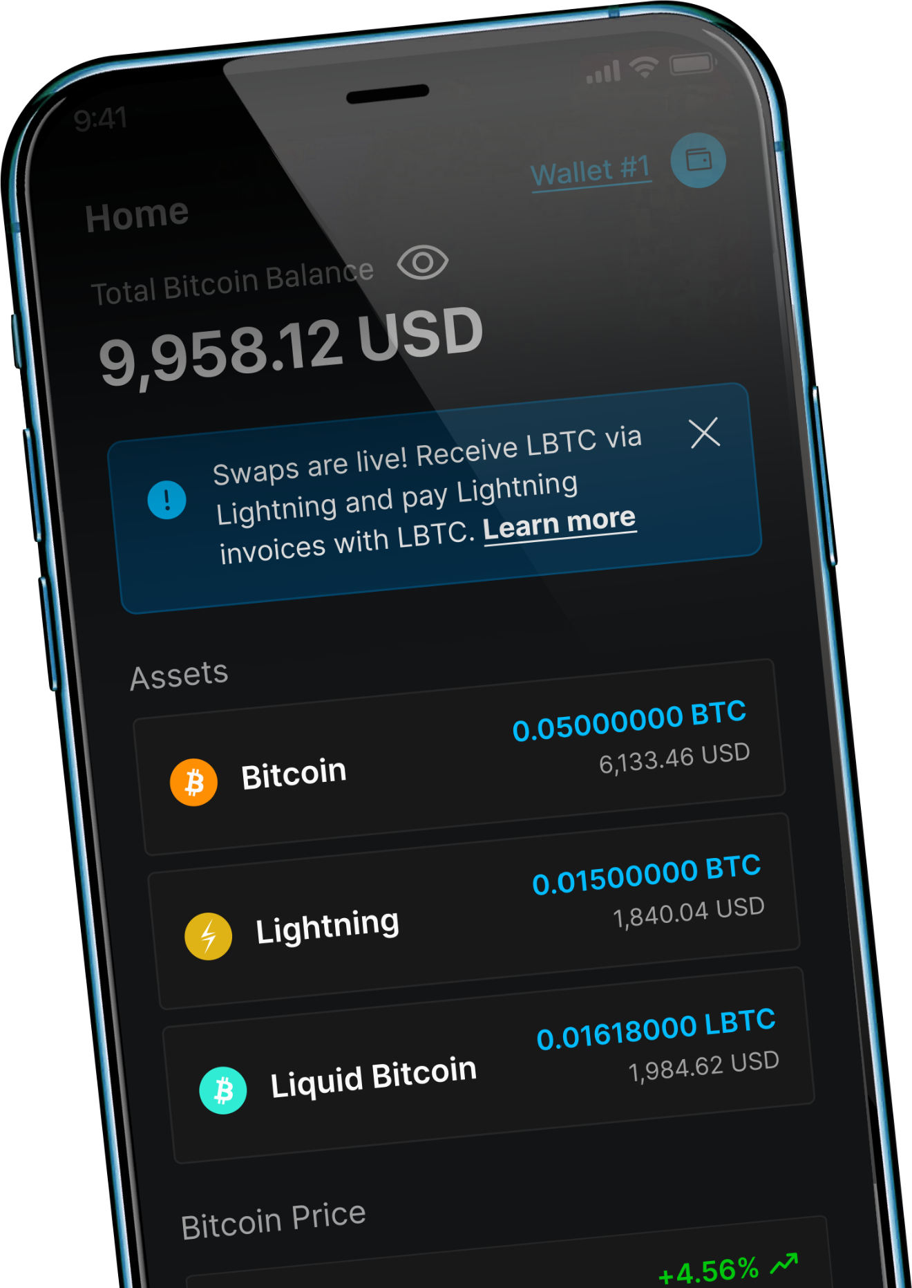 The Blockstream app showing a Bitcoin, Lightning and Liquid balance