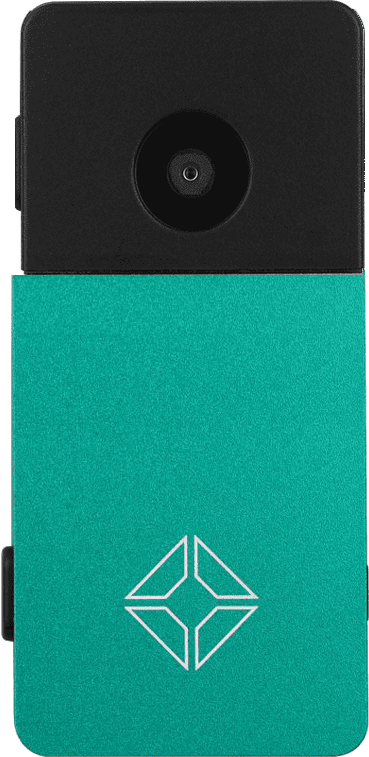 Blockstream Jade Plus hardware wallet in sovereign green: machined aluminium body with a camera for air-gapped signing