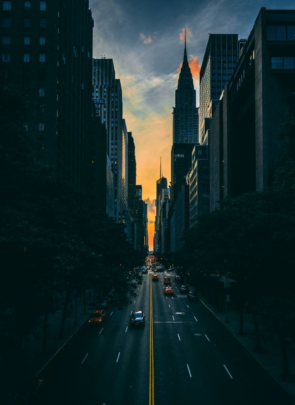 A city skyline at dusk